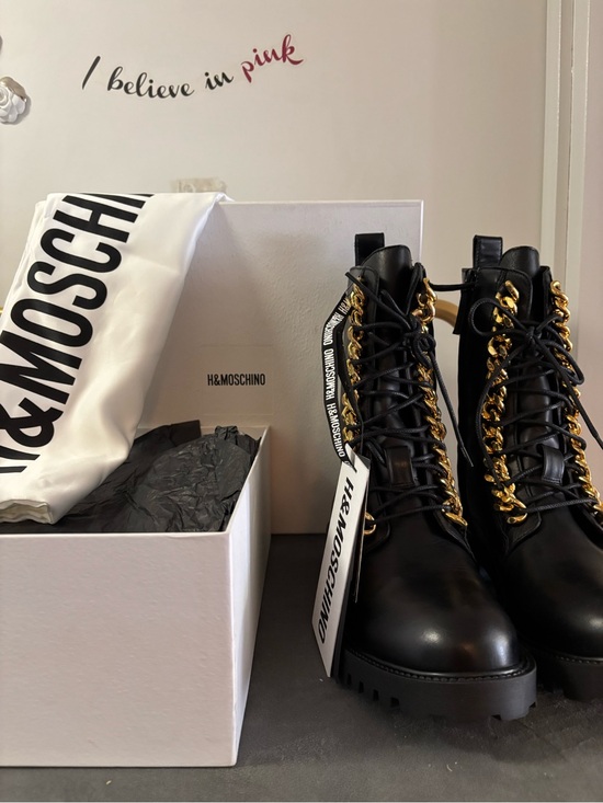 Moschino Shoes - Moschino Black Leather Lace-Up Boots with Gold Chain Trim